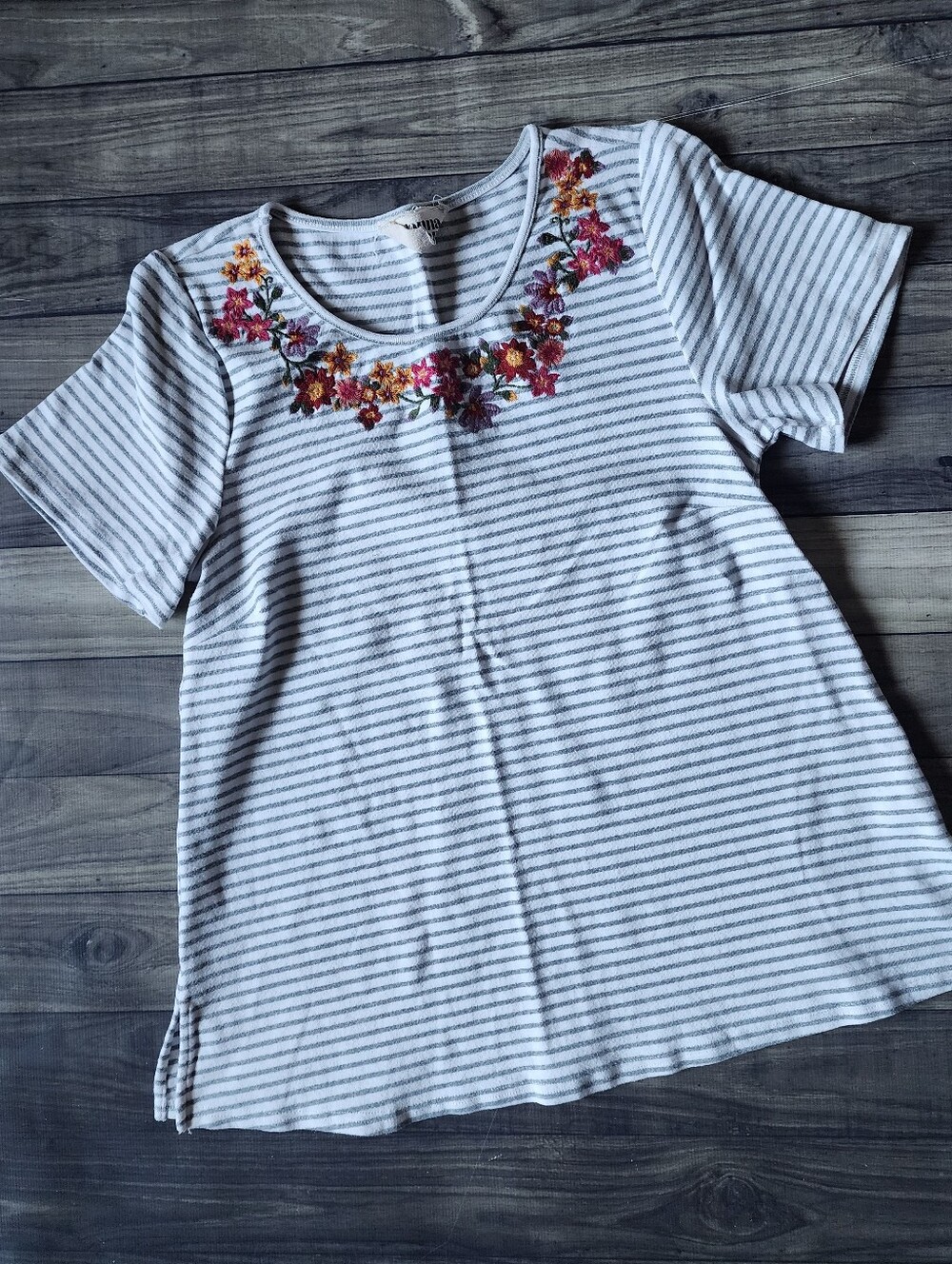 Savanna Jane Striped Tee With Embroidered Flowers On Neckline